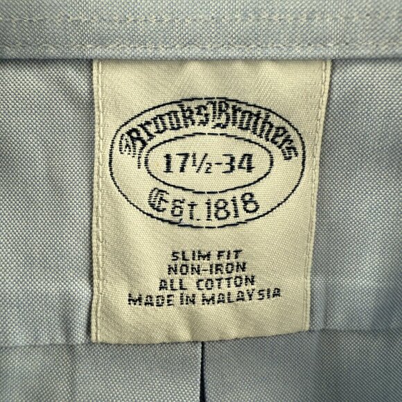 Brooks Brothers Slim Blue Non-Iron Cotton 17.5 34 Button Up Shirt Men Adult - Picture 16 of 16